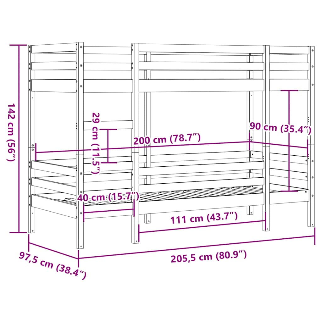 Krevet na kat voštano smeđi 90x200 cm od masivne borovine