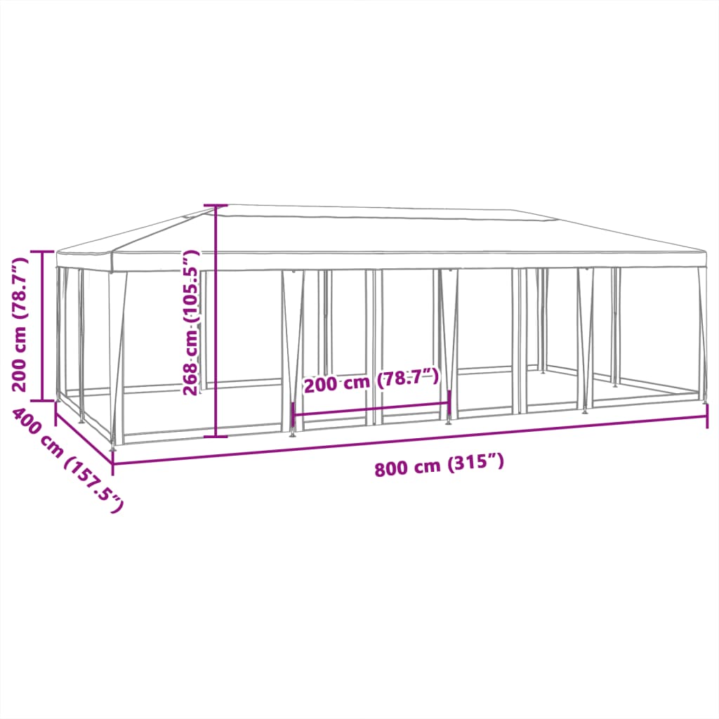 Šator za zabave s 12 mrežasta bočna zida plavi 8x4 m HDPE