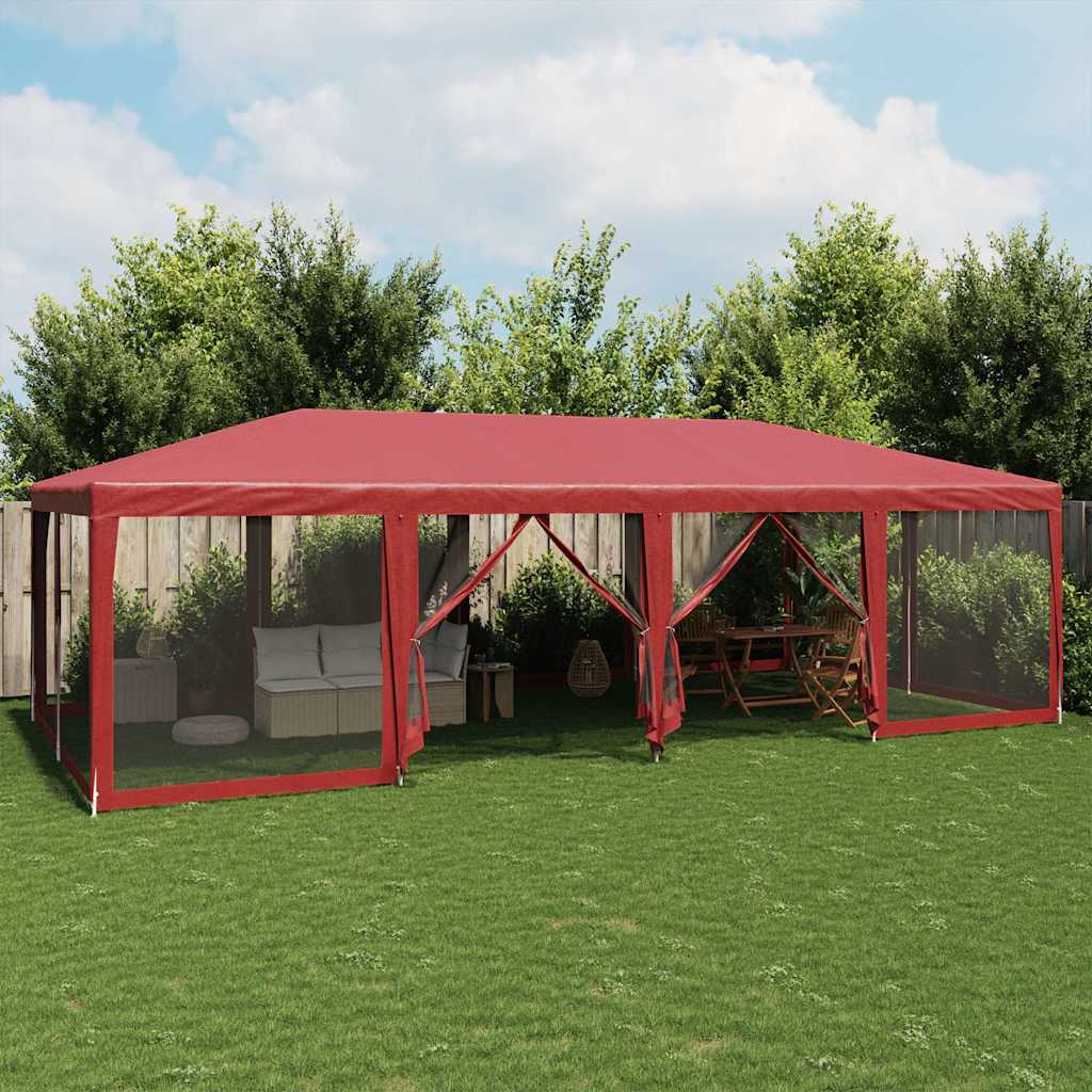 Šator za zabave s 12 mrežastih bočnih zidova crveni 8x4 m HDPE