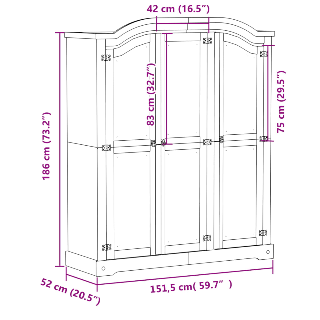Ormar Corona 151,5 x 52 x 186 cm od masivne borovine