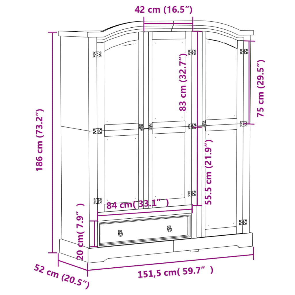 Ormar Corona 151,5 x 52 x 186 cm od masivne borovine