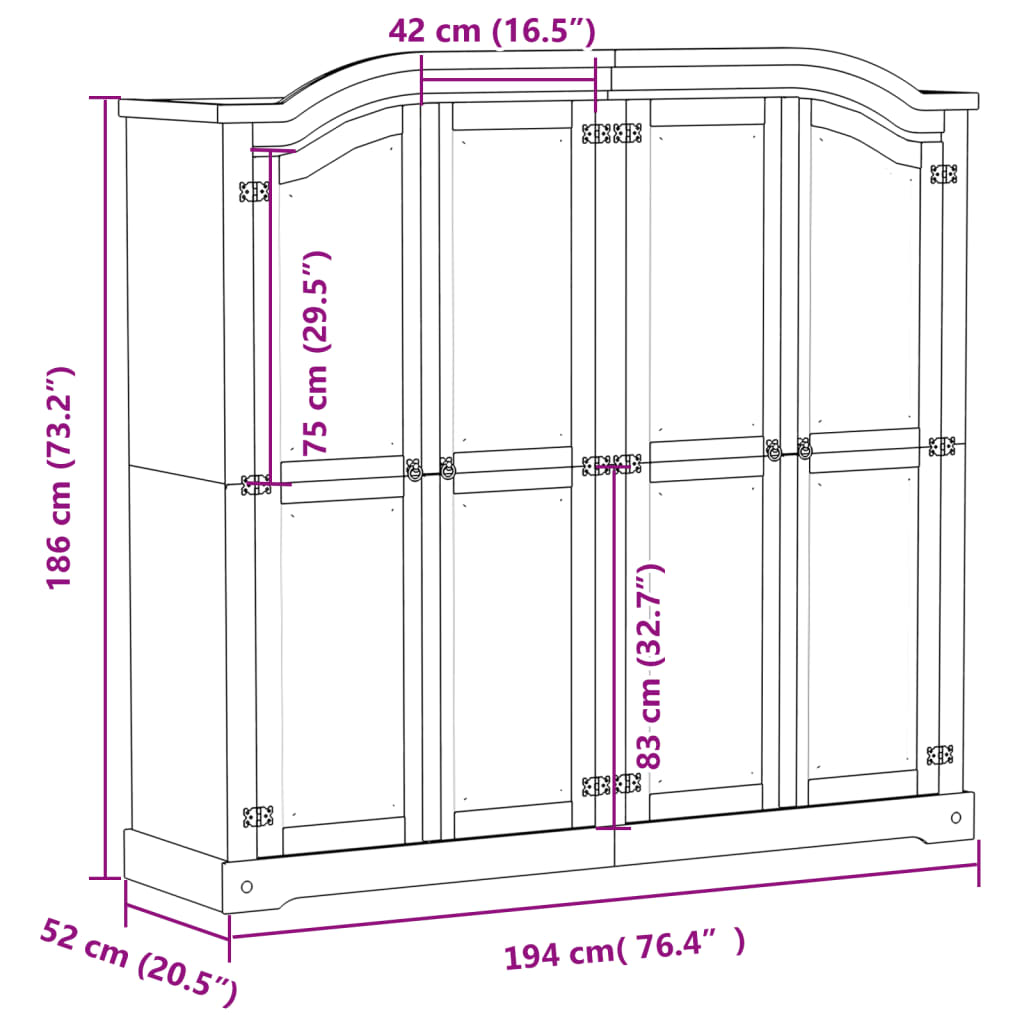 Ormar Corona 194 x 52 x 186 cm od masivne borovine