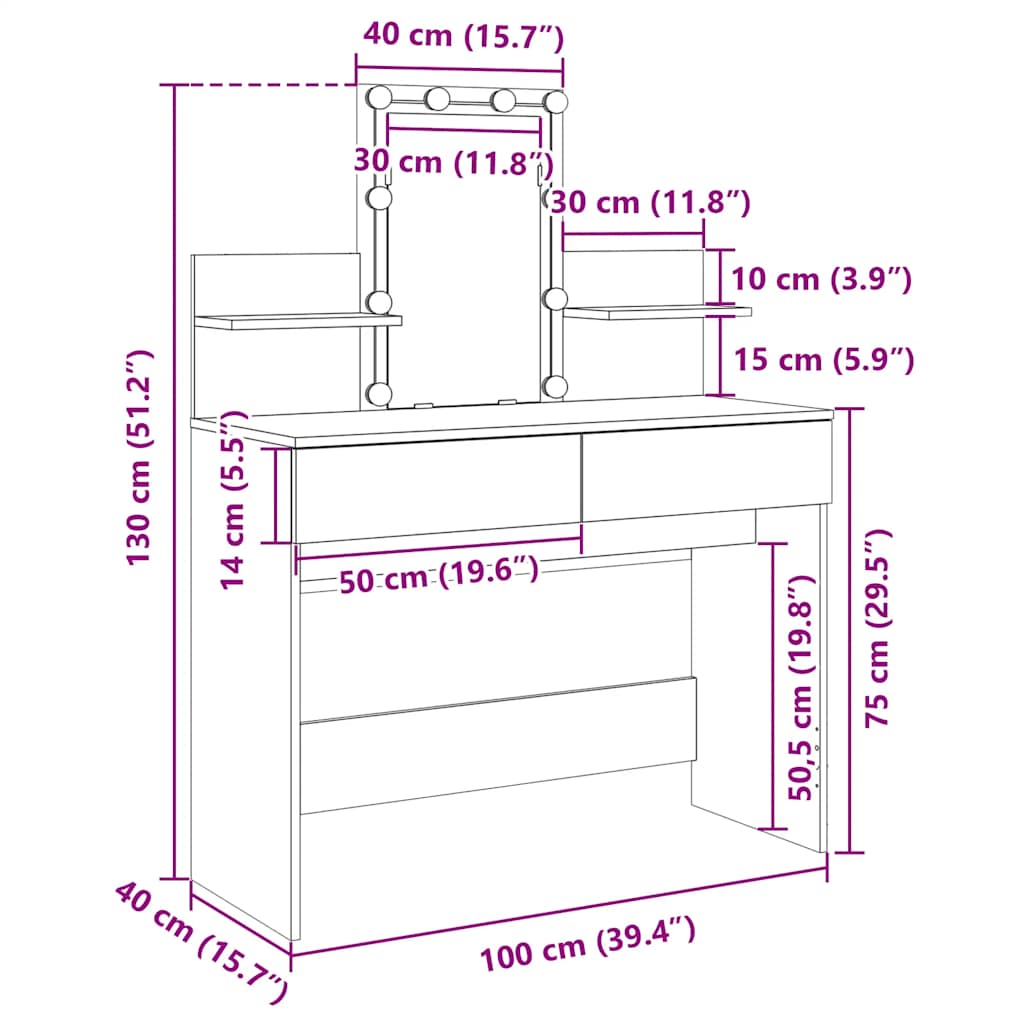Toaletni stolić s LED svjetlima bijeli 100 x 40 x 130 cm