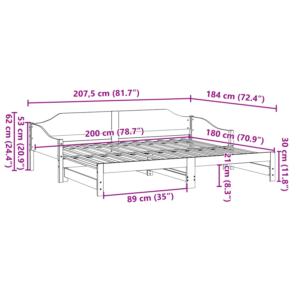 Dnevni krevet na razvlačenje bijeli 90x200 cm masivna borovina