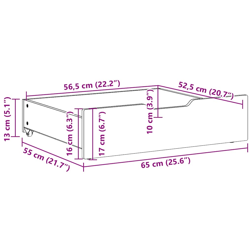 Ladice ispod kreveta 2 kom bijele 65x55x17 cm od borovine