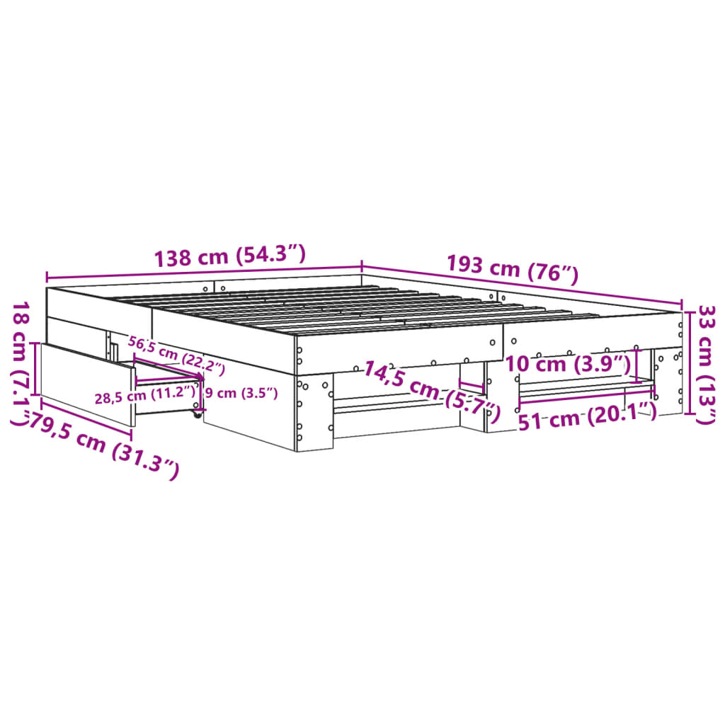 Okvir kreveta siva boja hrasta 135 x 190 cm konstruirano drvo