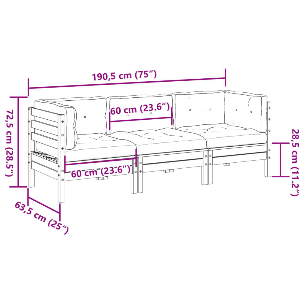 3-dijelni set vrtnih sofa s jastucima od impregnirane borovine