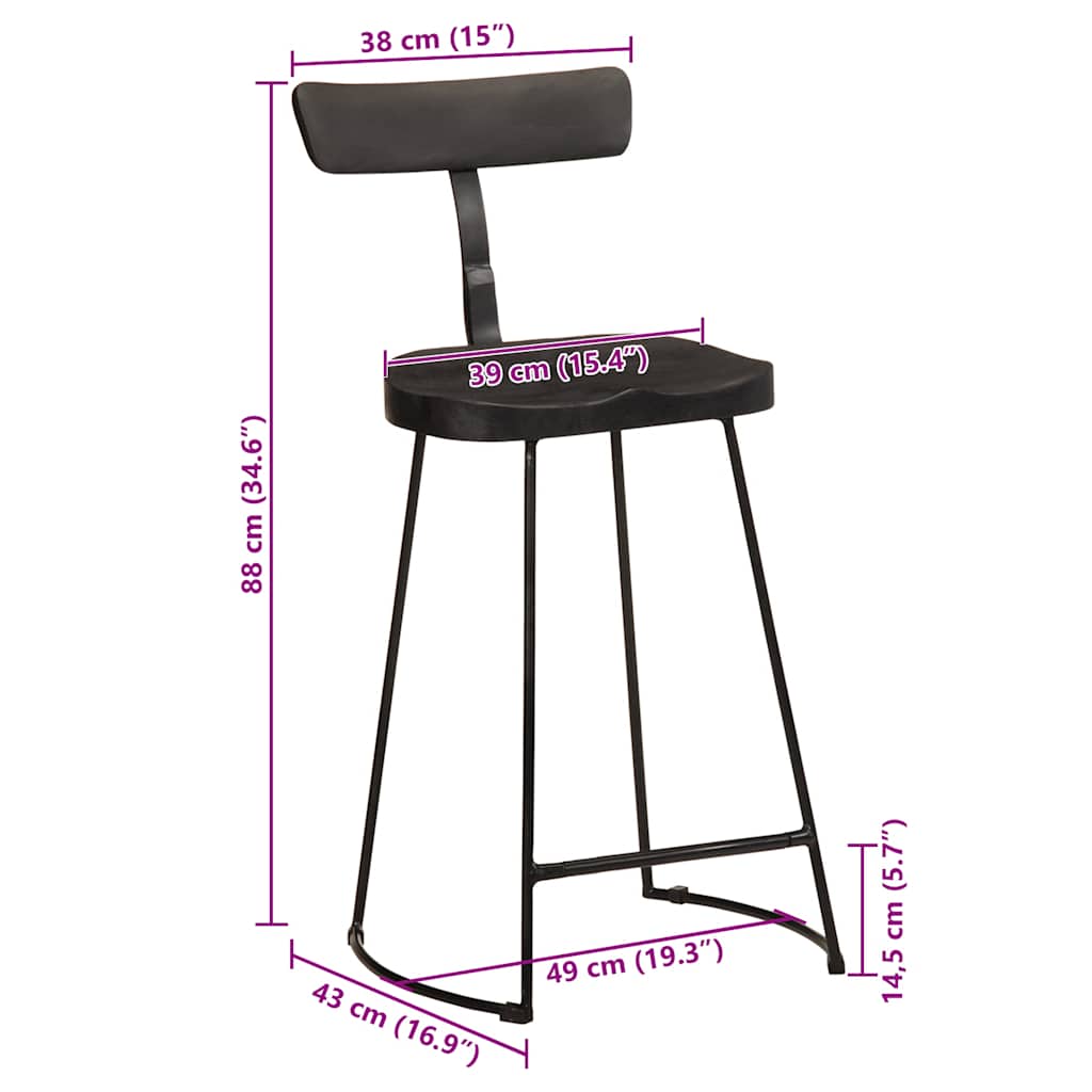 Barski stolci 2 kom crni 49x43x88 cm masivnog drva manga