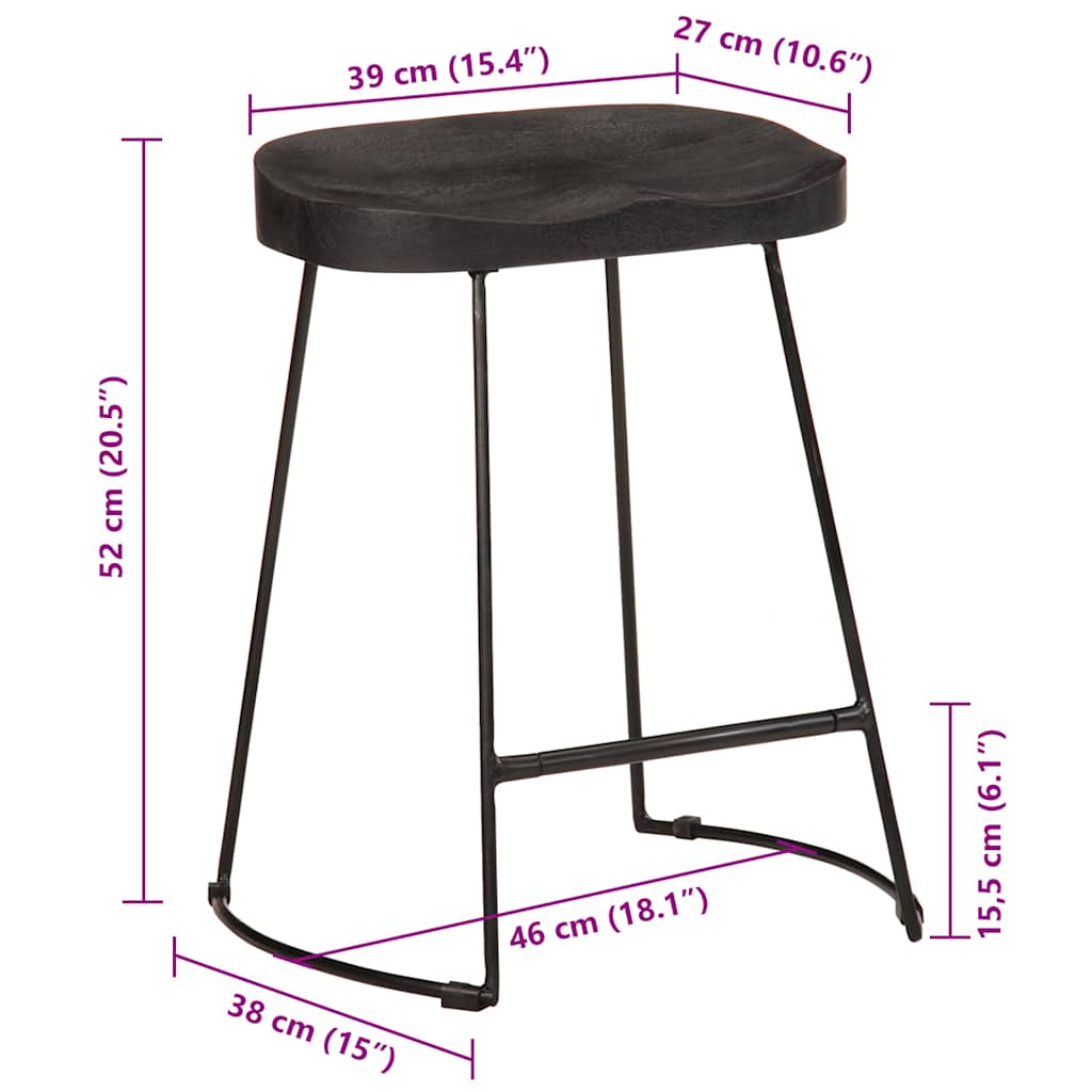 Barski stolci 2 kom crni 46x38x52 cm masivnog drva manga