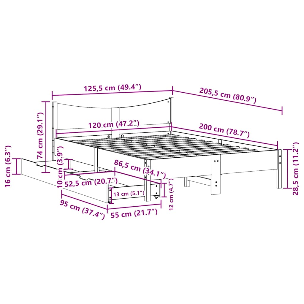 Okvir za krevet s ladicama bijeli 120x200cm od masivne borovine