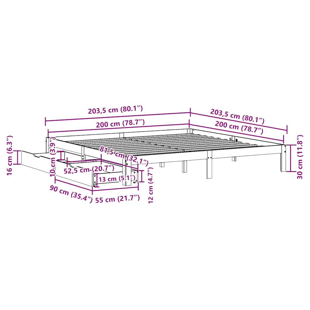 Okvir kreveta s ladicama bez madraca bijeli 200x200 cm