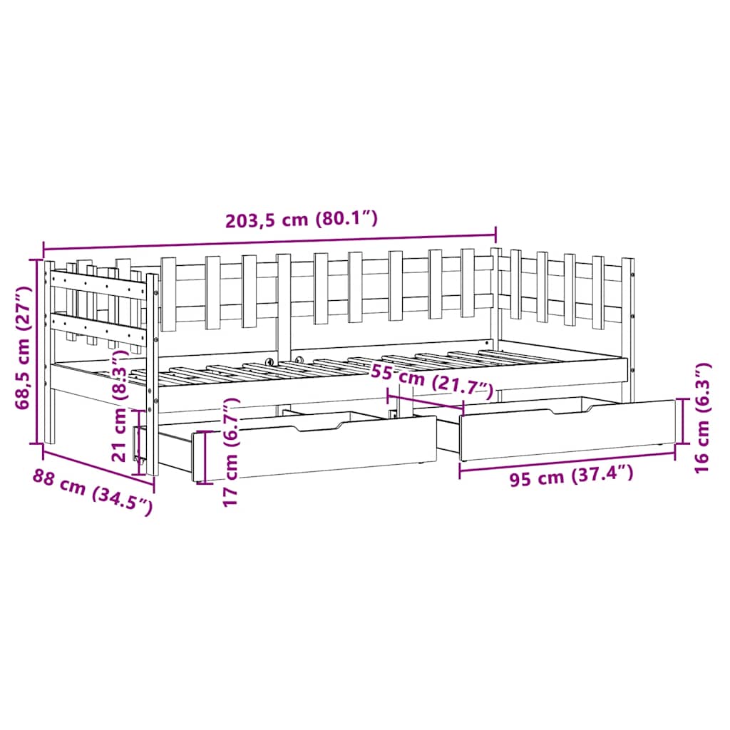 Dnevni krevet s ladicama bez madraca 80x200 cm masivno drvo