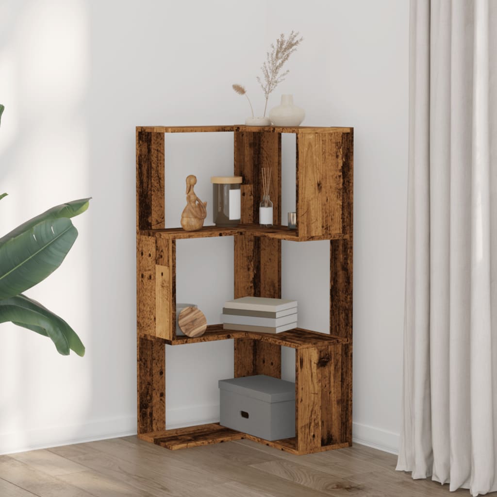 Kutni regal za knjige s 3 razine staro drvo 50x50x102cm drveni