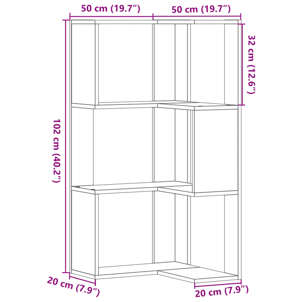 Kutni regal za knjige s 3 razine staro drvo 50x50x102cm drveni