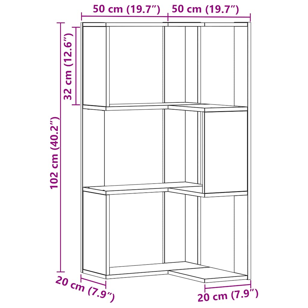 Kutni regal z knjige 3 razine artisian hrast 50x50x102cm drveni