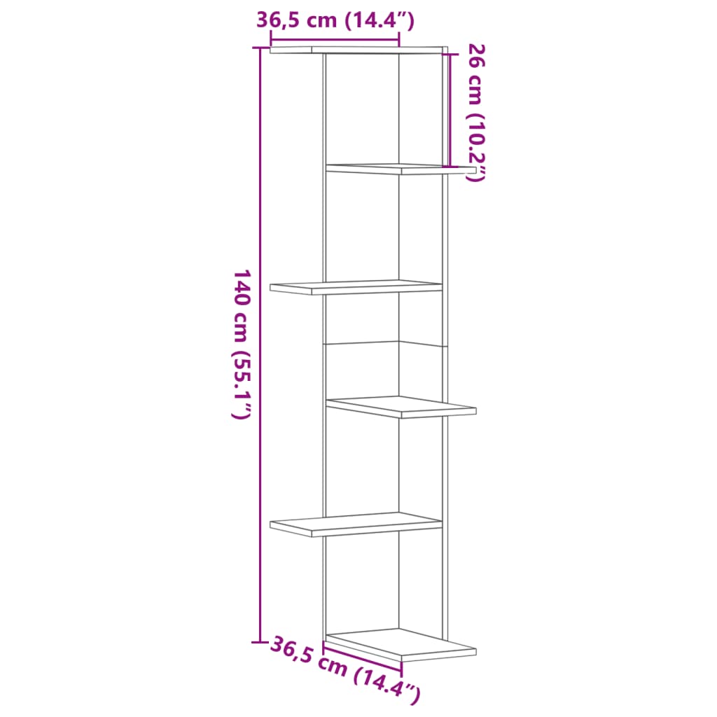 Kutna zidna polica bijela 36,5x36,5x140 cm konstruirano drvo