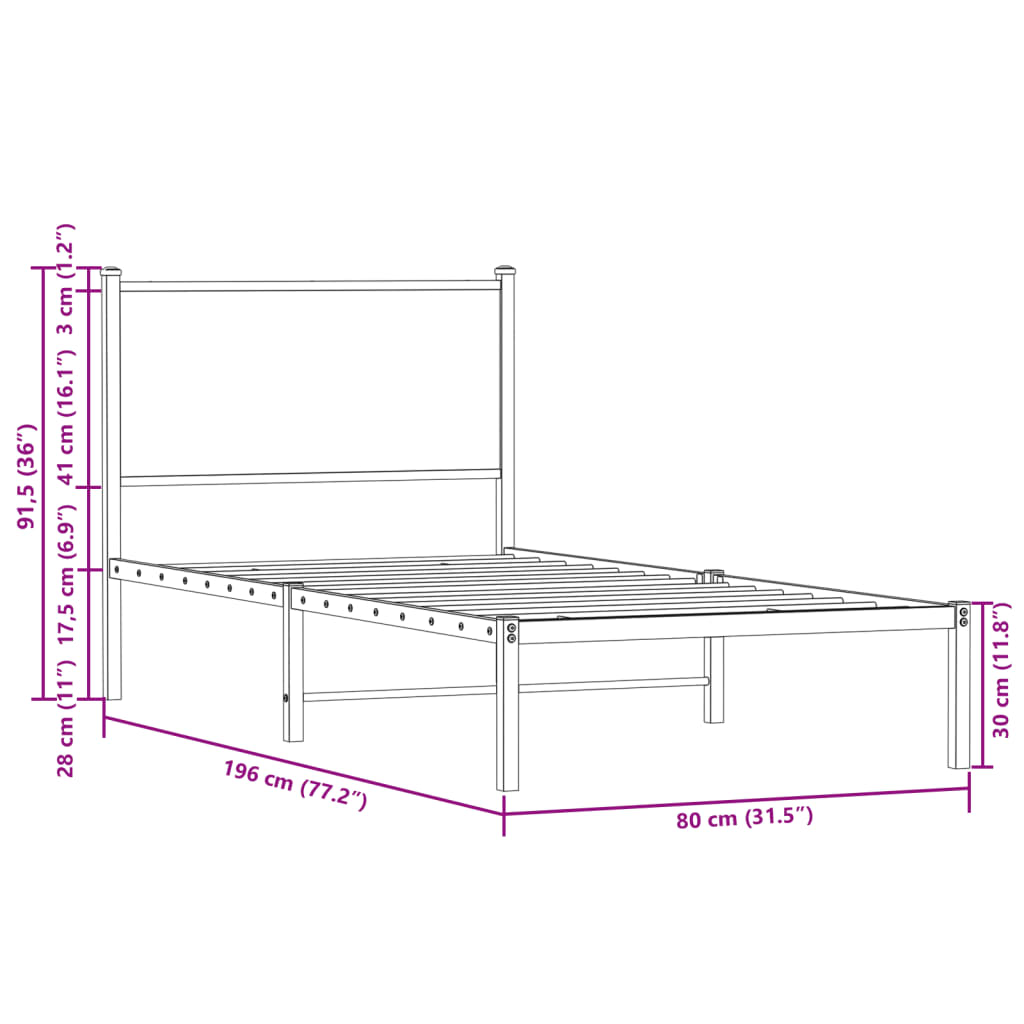 Metalni okvir kreveta bez madraca boja hrasta 75x190 cm