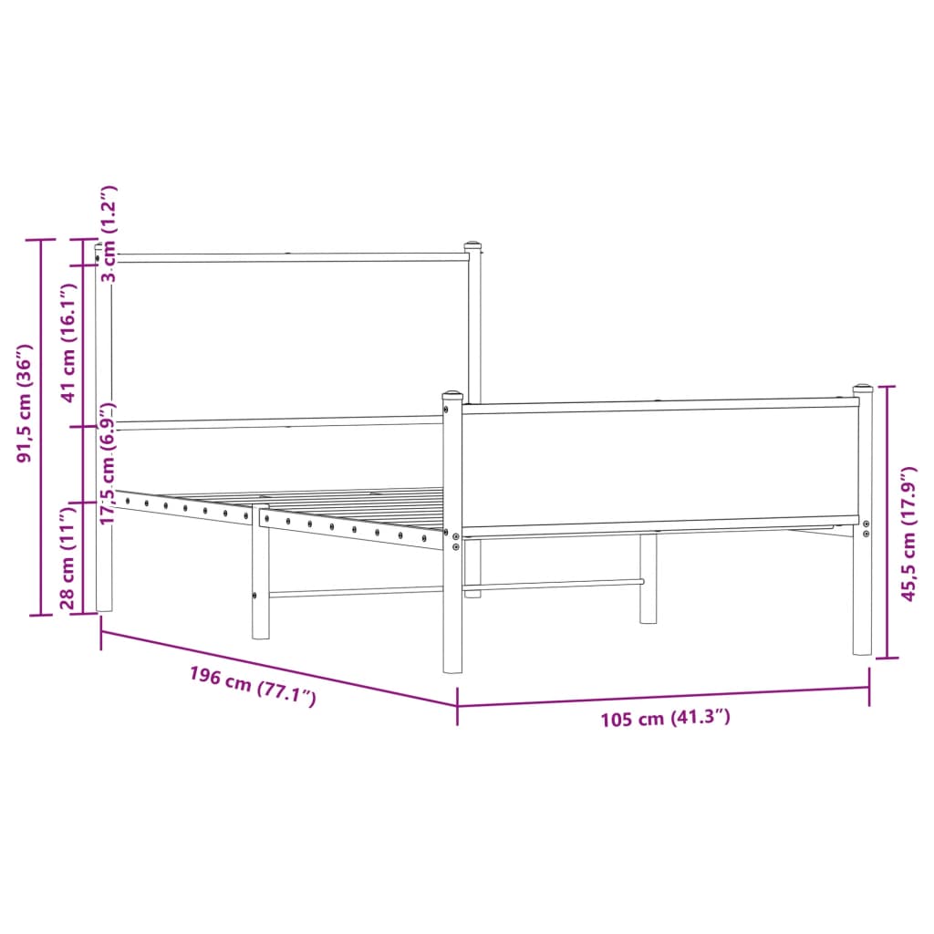 Metalni okvir kreveta bez madraca boja hrasta 100x190 cm