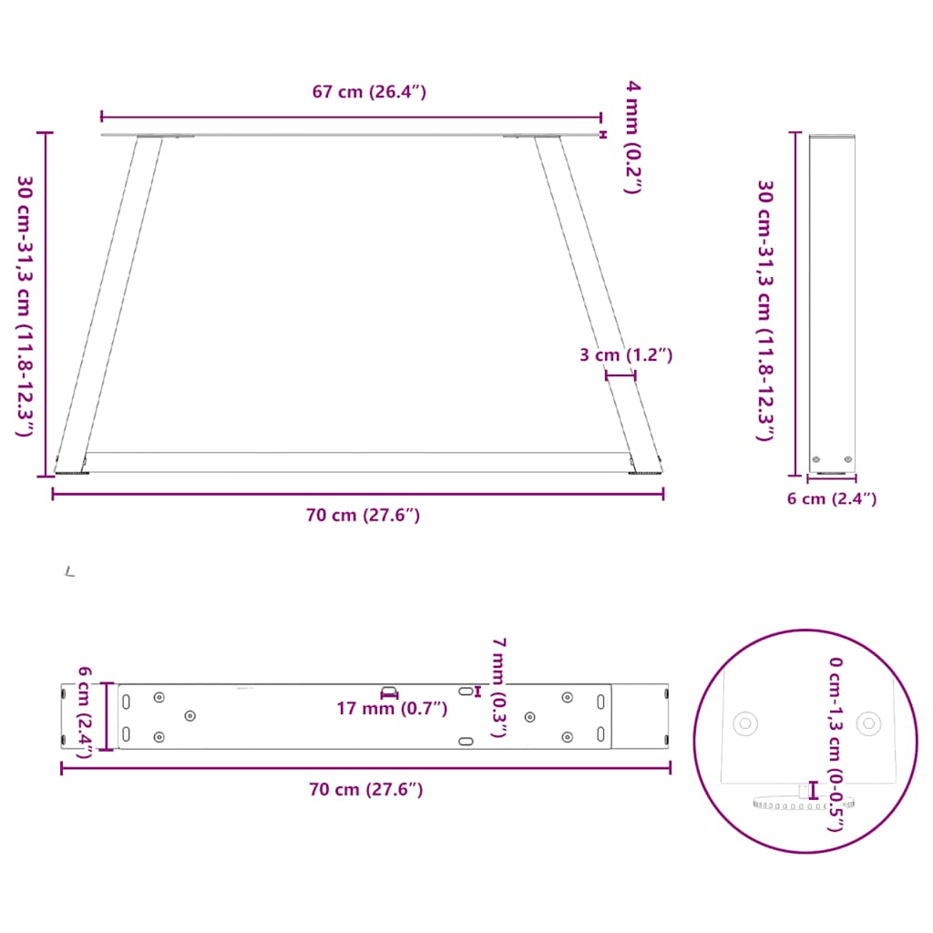 Noge za klub stolić V-oblika 2 kom Crne 70 x (30-31,3) cm Čelik