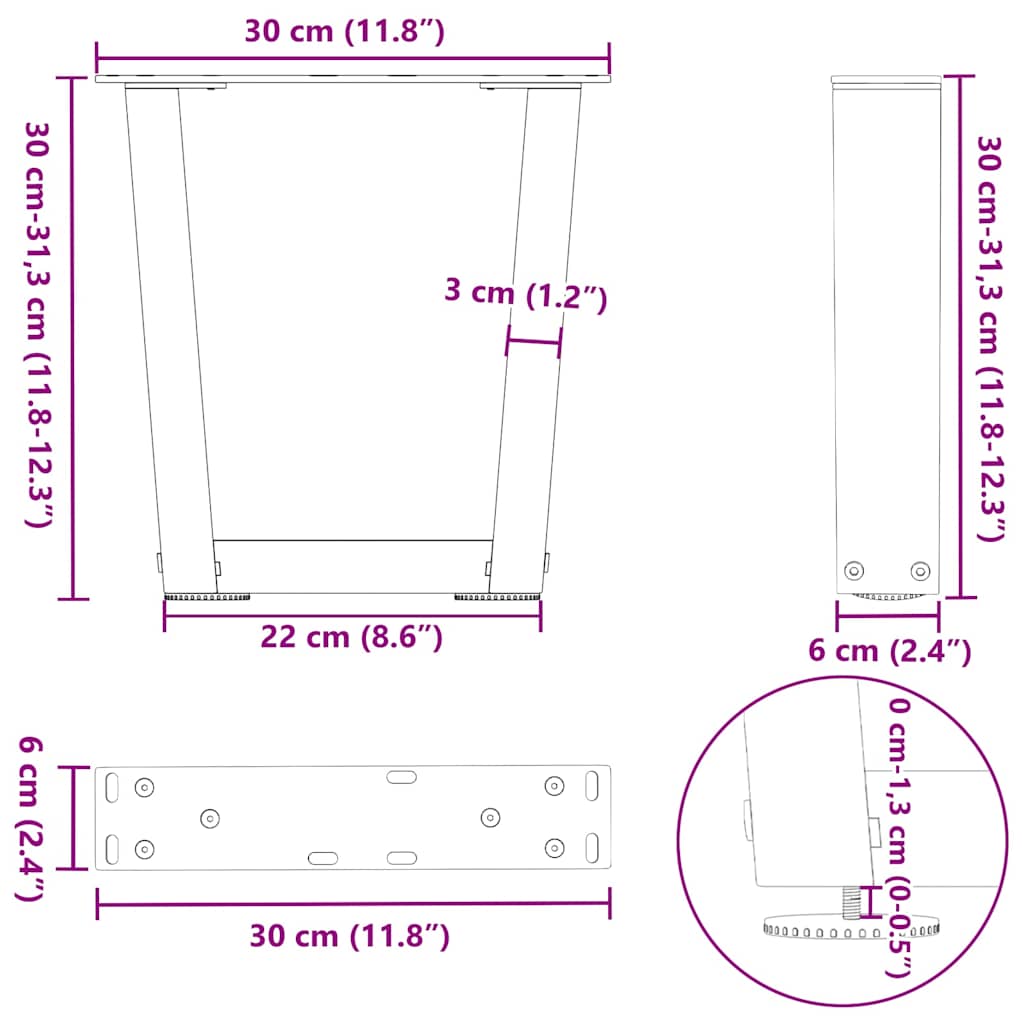 Noge za klub stolić V-oblika 2 kom Crne 30 x (30-31,3) cm Čelik
