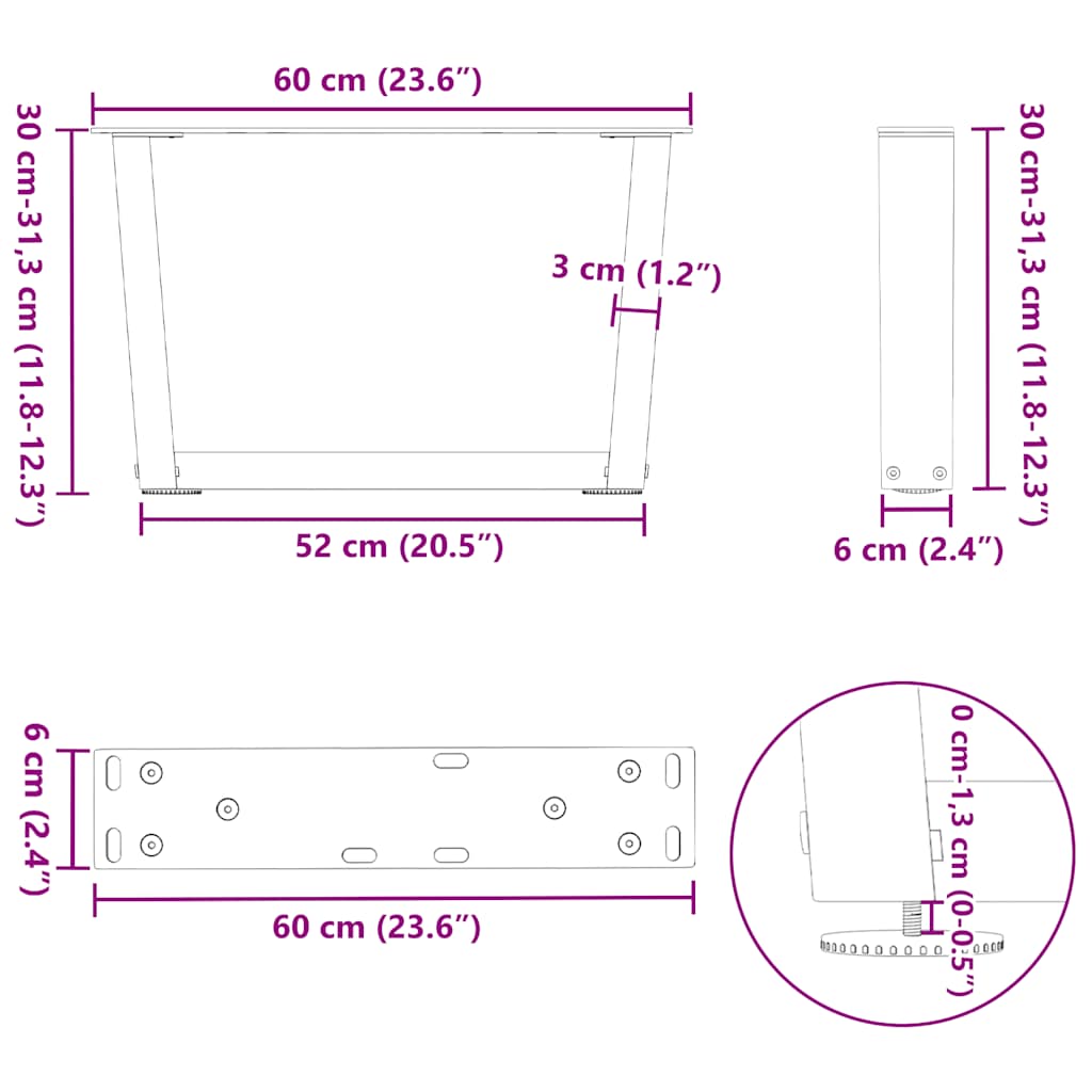 Noge za klub stolić V-oblika 2 kom Bijele 60 x (30-31,3) cm Čelik