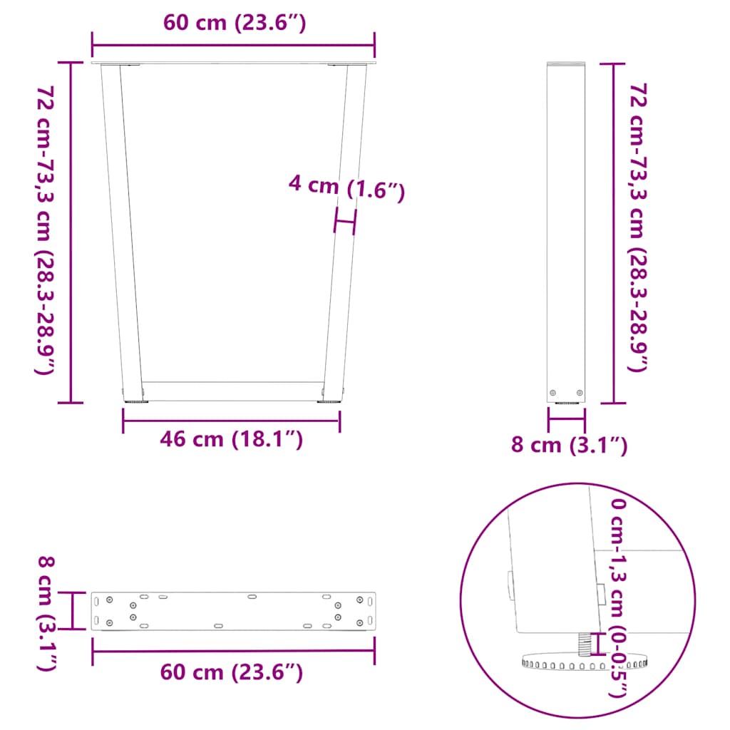 Noge za blagovaonski stol V-oblika 2 kom Bijele 60 x (72-73,3) cm Čelik