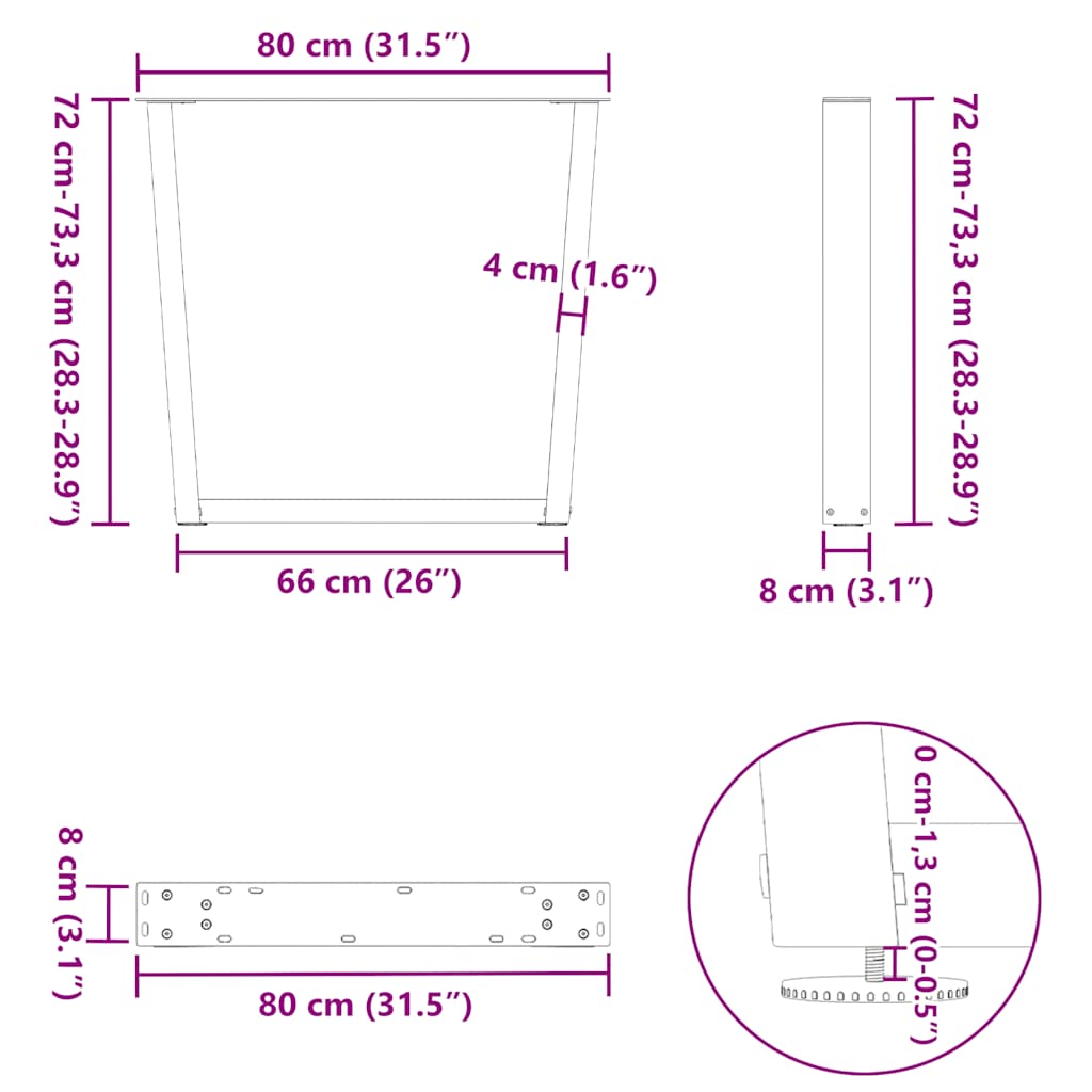 Noge za blagovaonski stol V-oblik 2 kom Bijele 80 x (72-73,3) cm Čelik