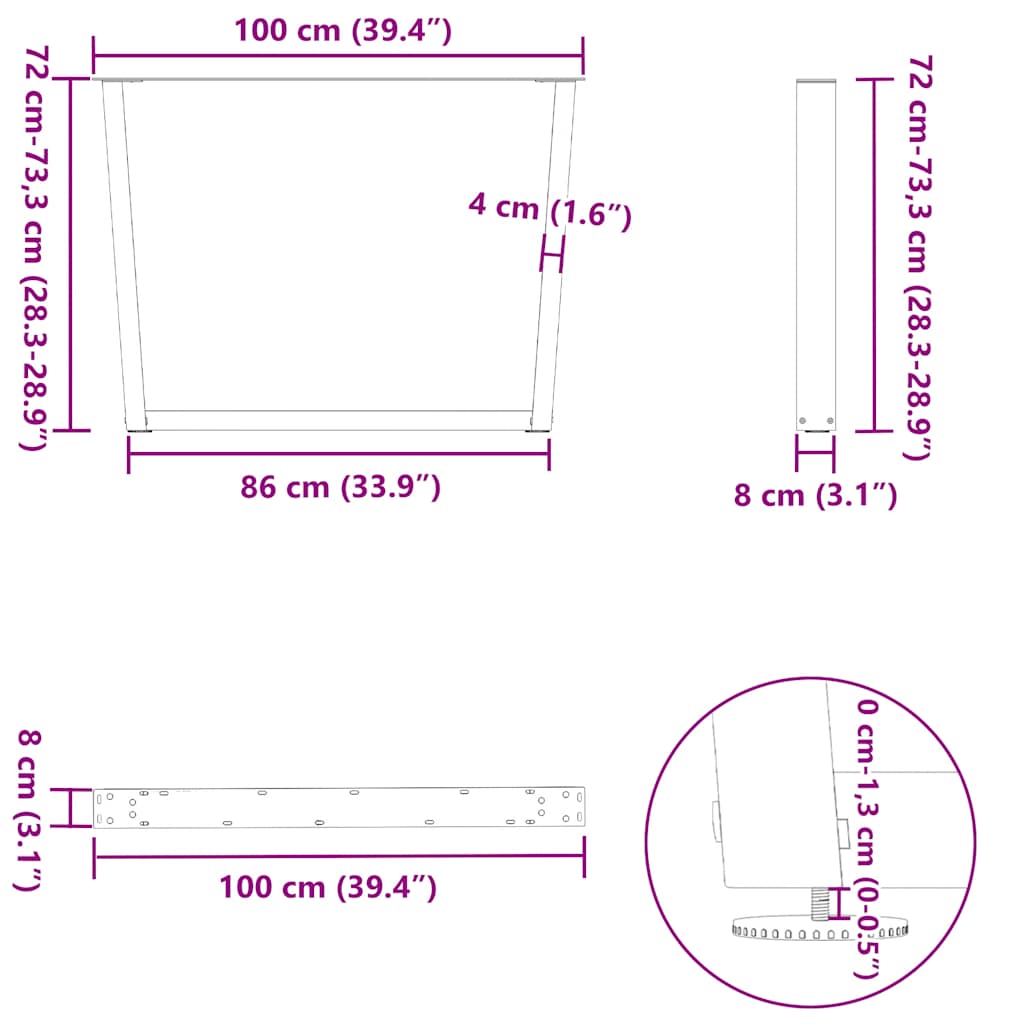 Noge za blagovaonski stol V-oblika 2 kom Bijele 100 x (72-73,3) cm Čelik
