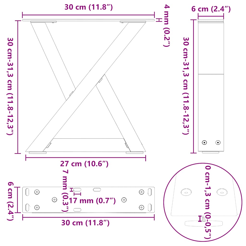 Noge za klub stolić 2 kom. antracit 30 x (30-31,3) cm čelik