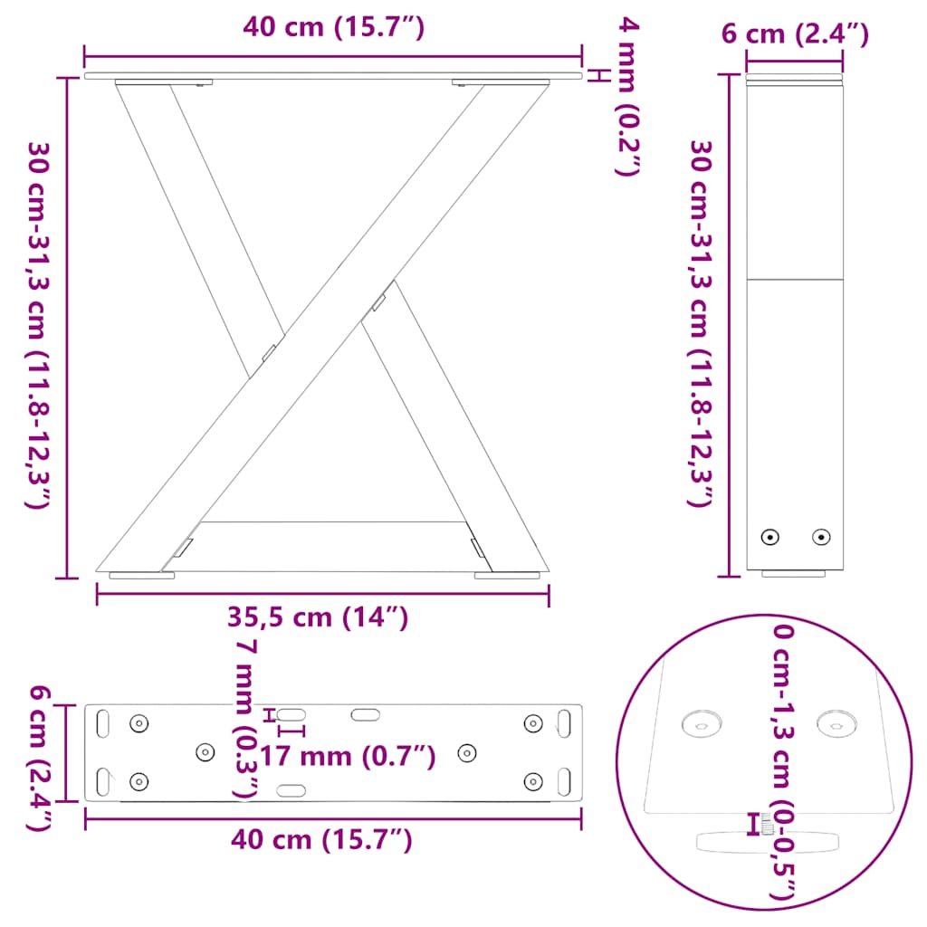 Noge za klub stolić 2 kom. antracit 40 x (30-31,3) cm čelik