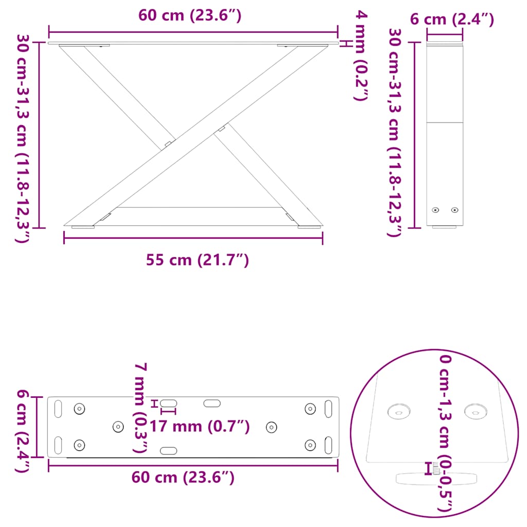 Noge za klub stolić 2 kom. Crne 60 x (30-31,3) cm Čelik