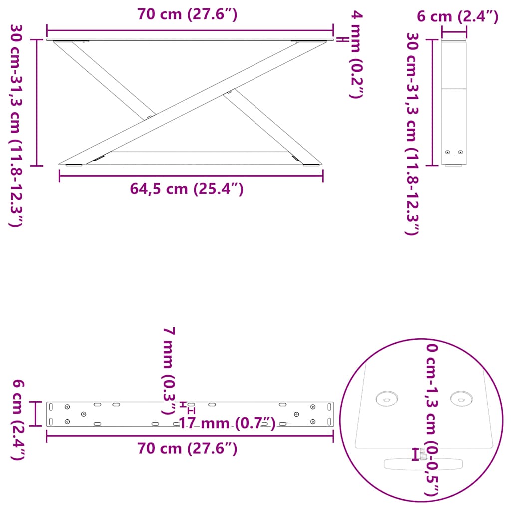 Noge za klub stolić 2 kom. antracit 70 x (30-31,3) cm čelik