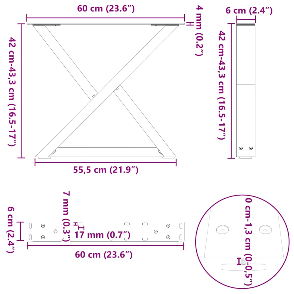 Noge za klub stolić 2 kom. antracit 60 x (42-43,3) cm čelik