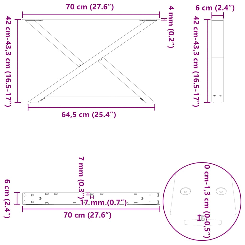 Noge za klub stolić 2 kom Crne 70 x (42-43,3) cm Čelične