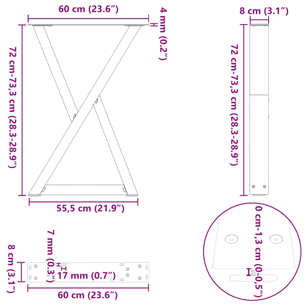 Noge za blagovaonski stol 2 kom. antracit 60 x (72-73,3) cm čelik