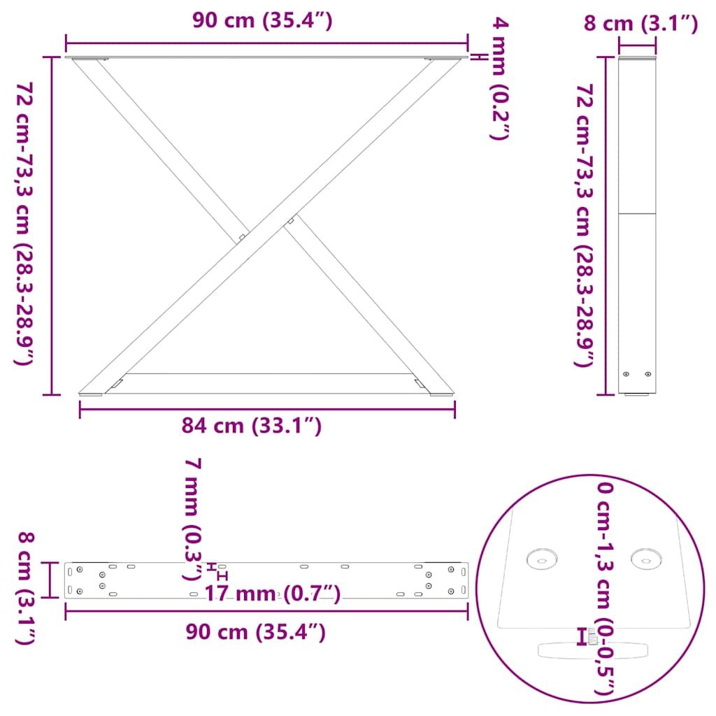 Noge za blagovaonski stol 2 kom Bijele 90 x (72-73,3) cm Čelik