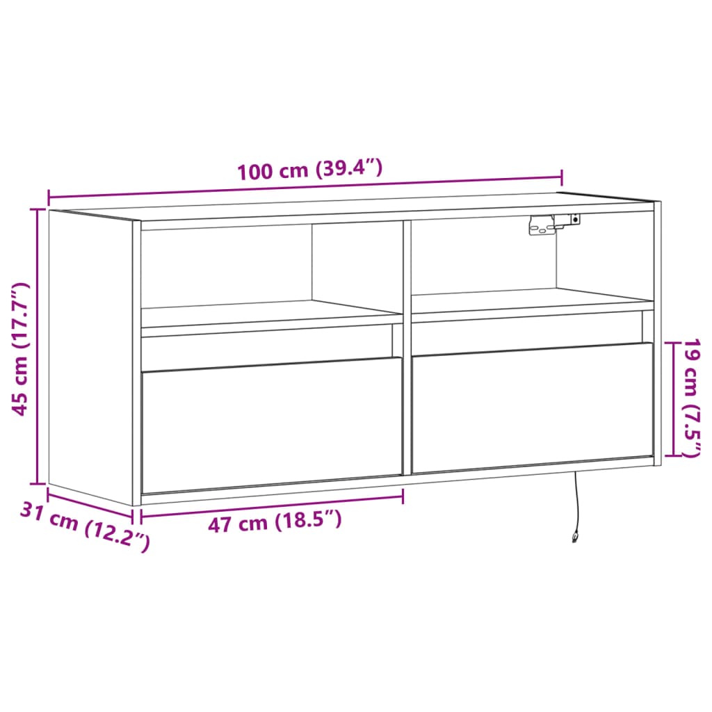 Zidni TV ormarić s LED svjetlima bijeli 100x31x45 cm
