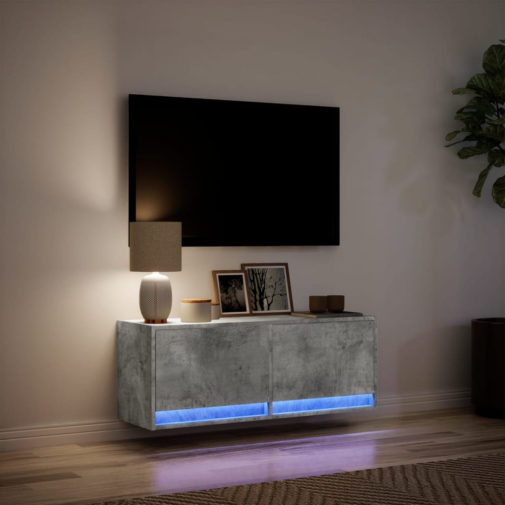 Zidni TV ormarić s LED svjetlima boja betona 100x31x38 cm