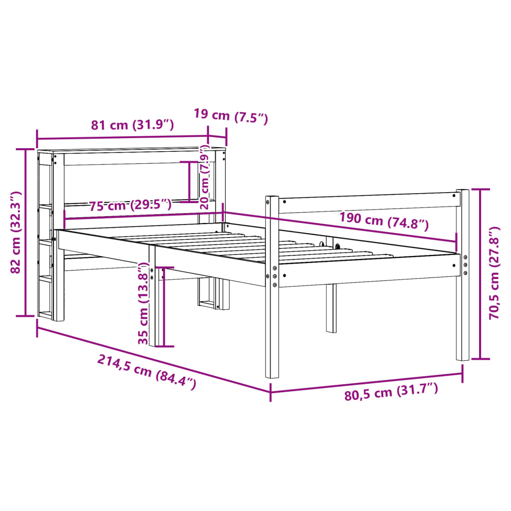Krevet za starije s uzglavljem bijeli 75x190 cm borovina