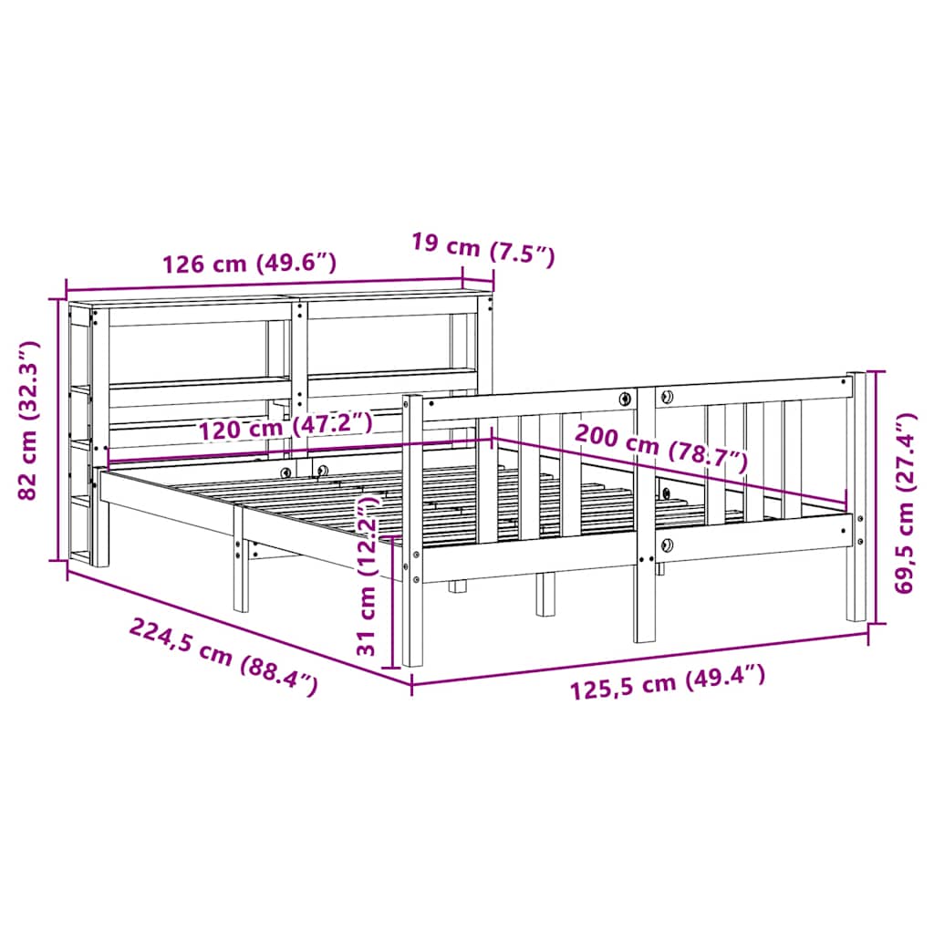 Okvir za krevet s uzglavljem 120 x 200 cm od masivne borovine