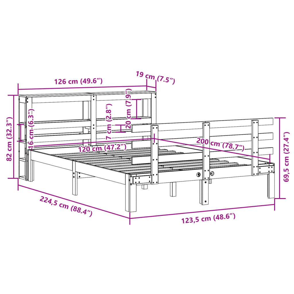 Okvir za krevet s uzglavljem 120 x 200 cm od masivne borovine