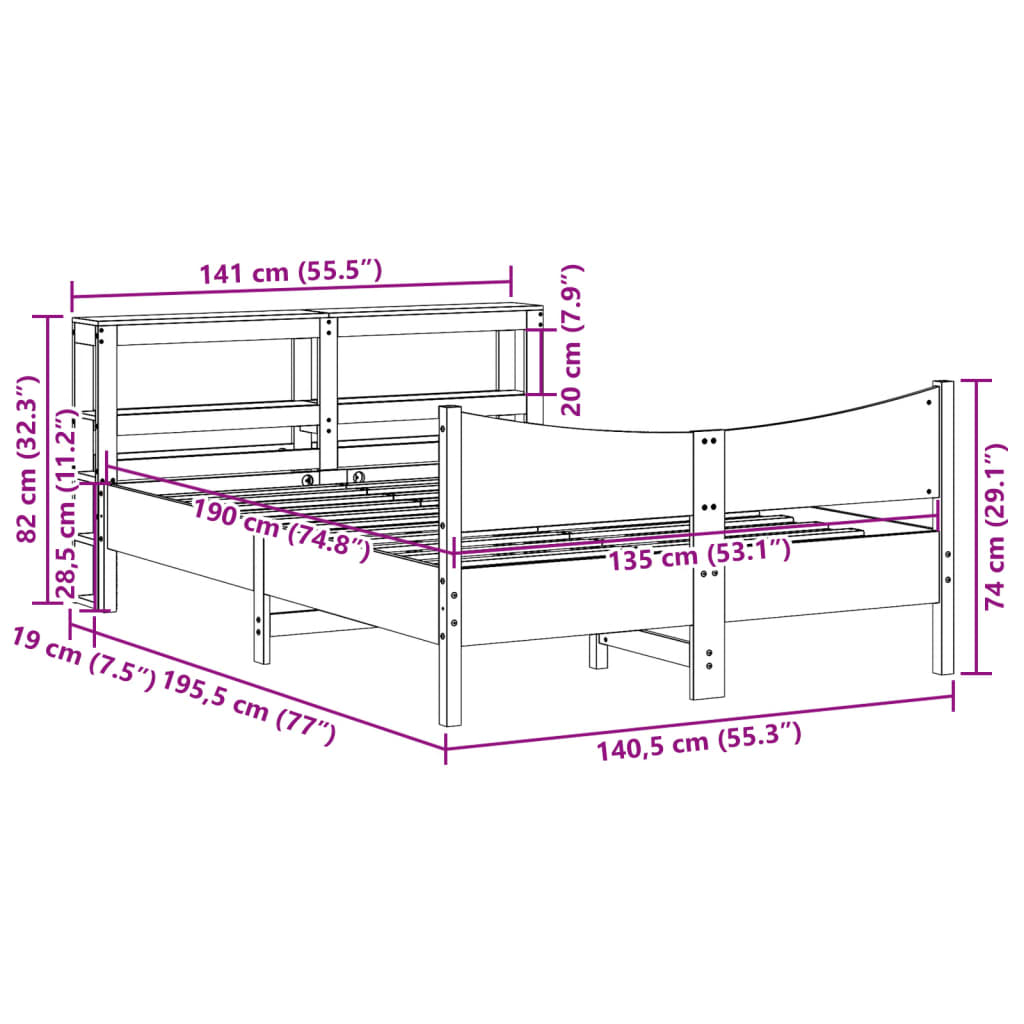 Okvir za krevet s uzglavljem bijeli 135 x 190 cm od borovine