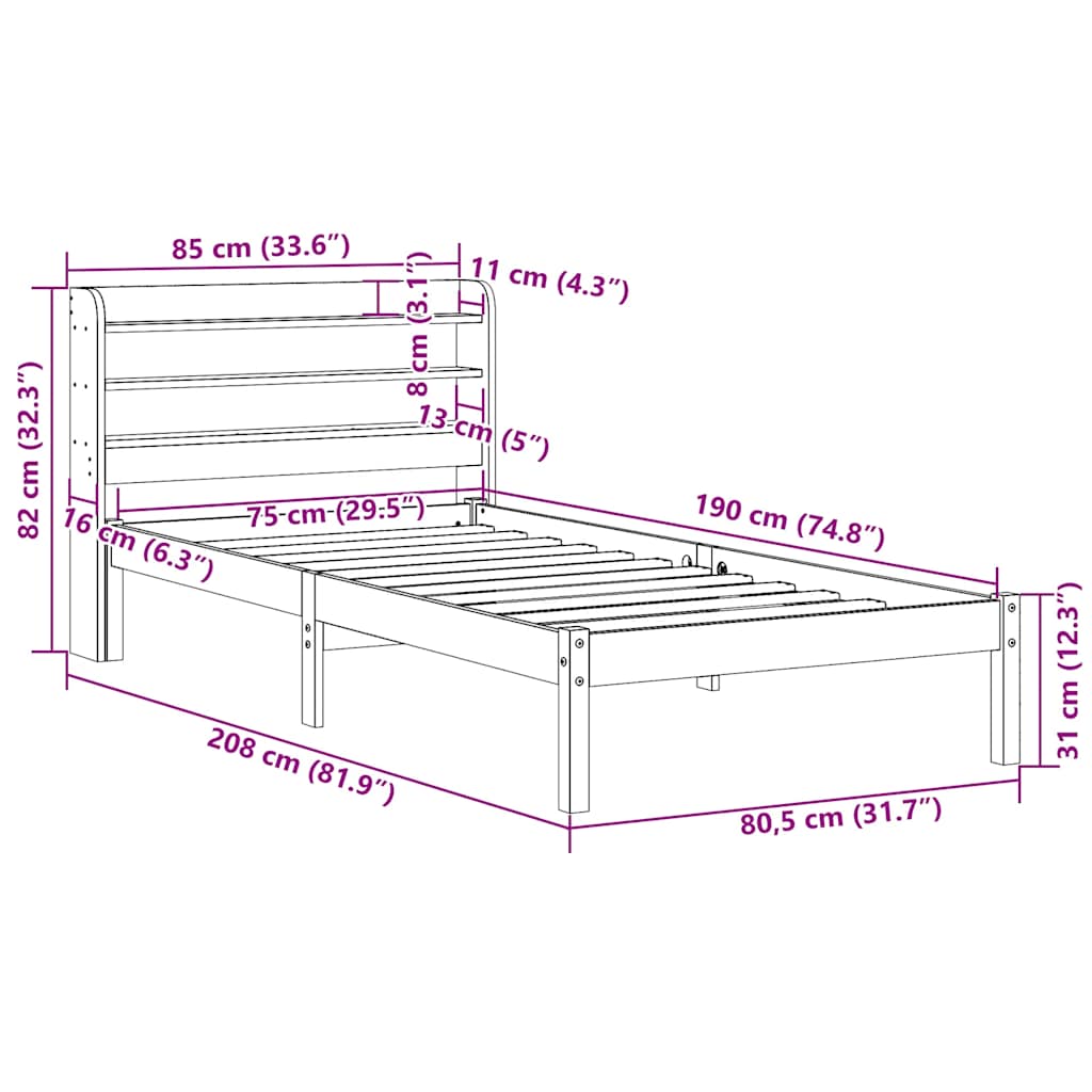 Okvir kreveta s uzglavljem voštano smeđi 75x190 cm od borovine