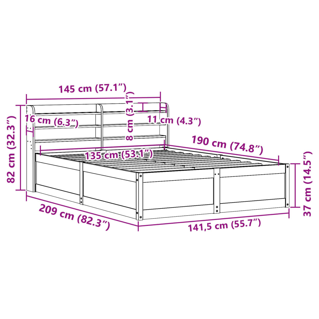 Okvir za krevet s uzglavljem bijeli 135 x 190 cm od borovine