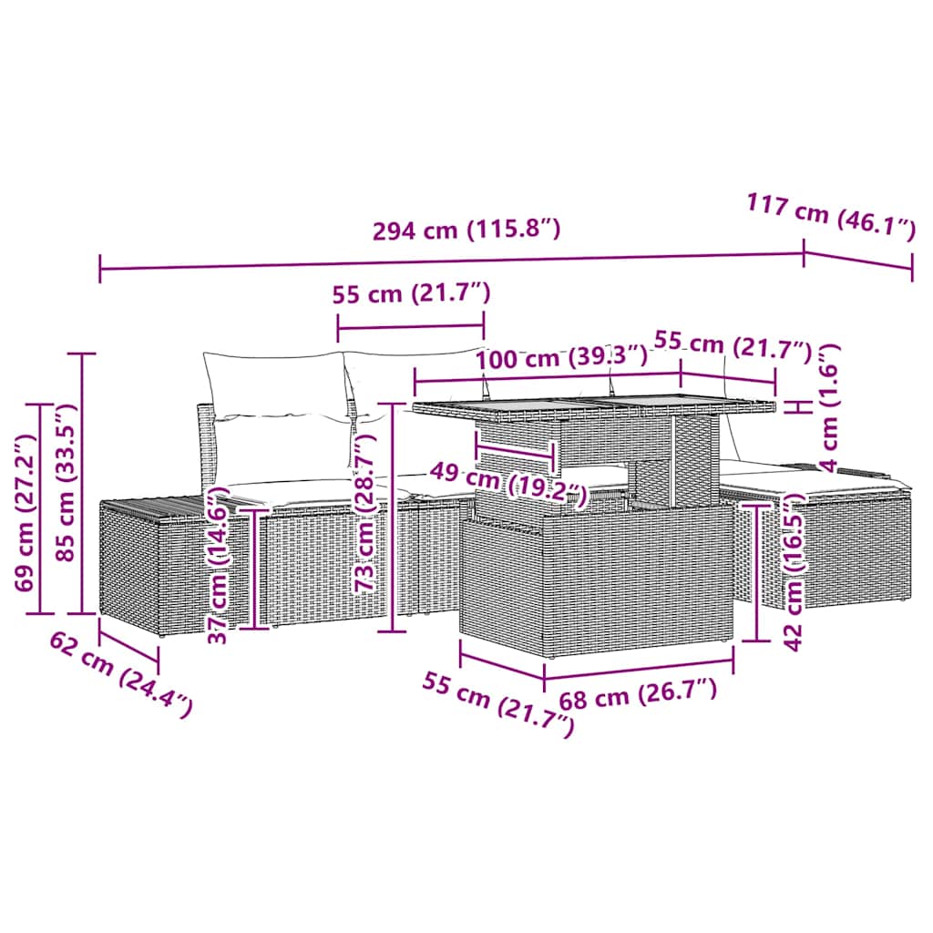 Vrtni set za objed s jastukom 6 pcs Bež i siva