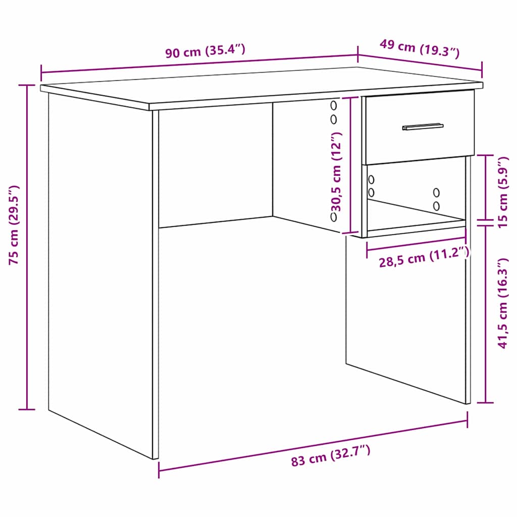 Stol s ladicama Crni hrast 90 x 49 x 75 cm Konstruirano drvo