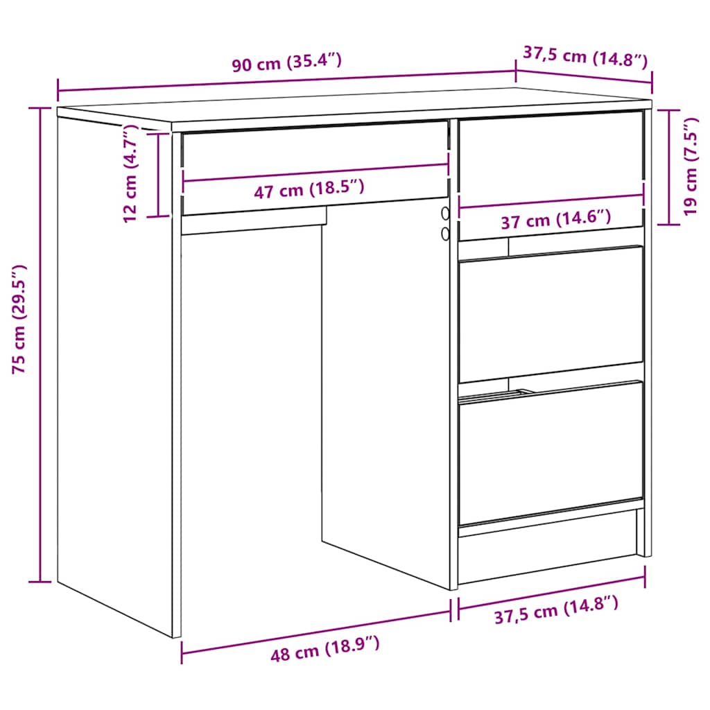 Stol s ladicama Crni hrast 90 x 37.5 x 75 cm Konstruirano drvo
