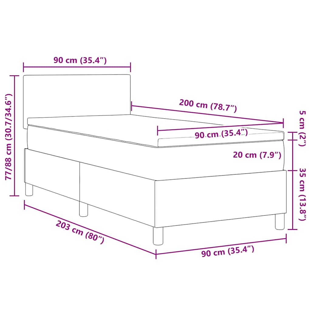 LED Box Spring Krevet Tamno siva i bijela 90 x 200 cm