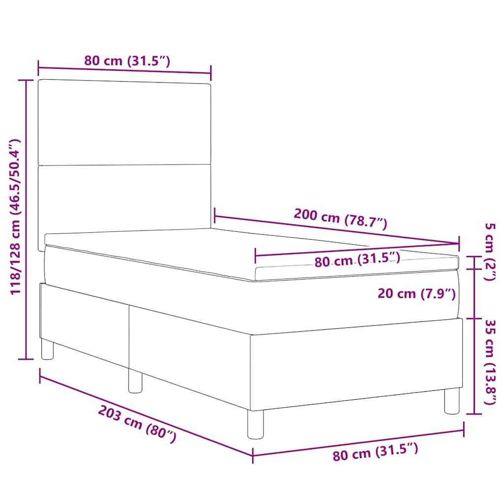 LED Box Spring Krevet Svijetlo siva i bijela. 80 x 200 cm