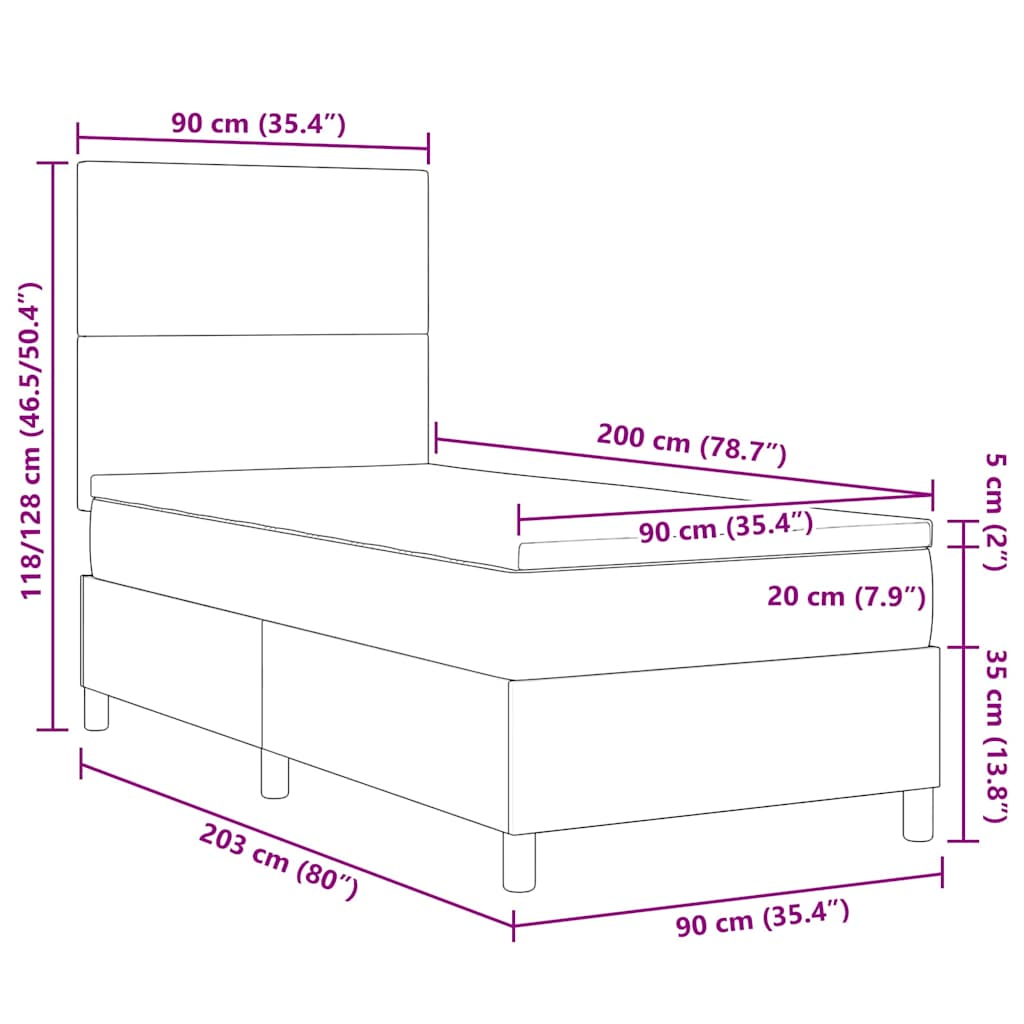 LED Box Spring Krevet Tamno siva i bijela 90 x 200 cm